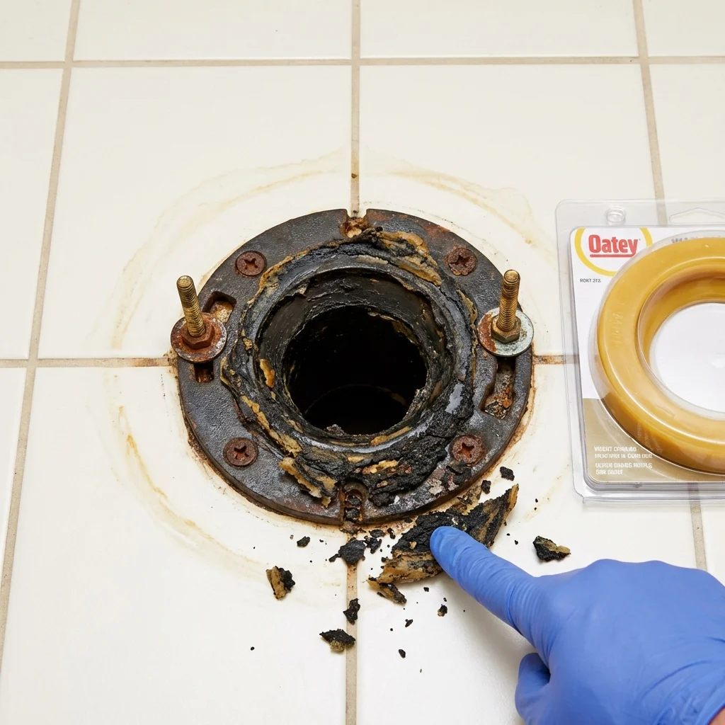 Failed wax ring showing water seepage at the base of a toilet in a Alexandria, LA home