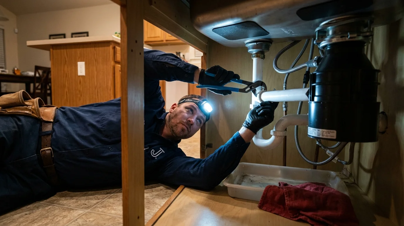 P-trap and supply line connections under a kitchen sink showing a common leak point in Alexandria, LA